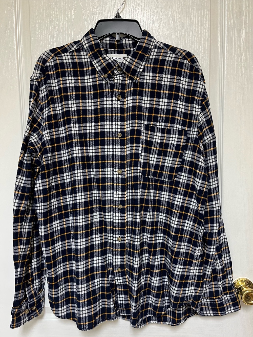 Saddlebred Classic Fit XL Navy White Gold Plaid Flannel Button Down Shirt